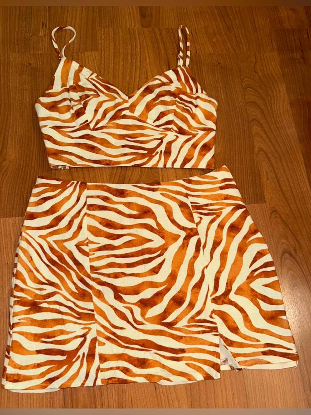 Aqua Strappy Zebra-Print Crop Top & Mini Skirt Set - Orange and Cream